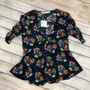 Zara Black Floral Print Ruched Sleeves Top XS NWT